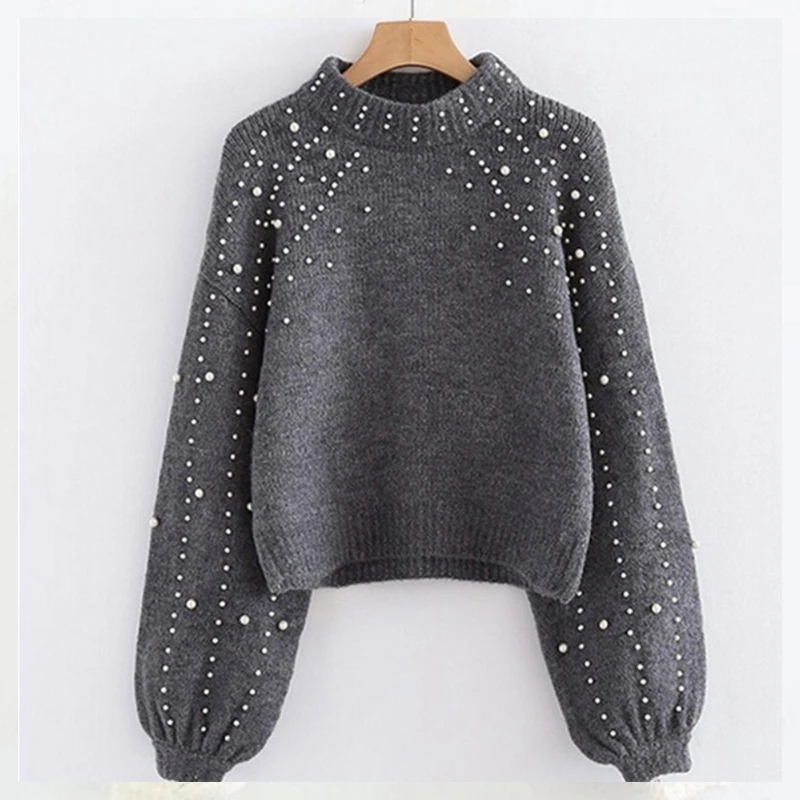 

Pearl Turtleneck Sweater Women Loose Cropped Sweater Woman Winter 2019 Oversized Sweaters And Pullovers Ladies Jumpers Woman