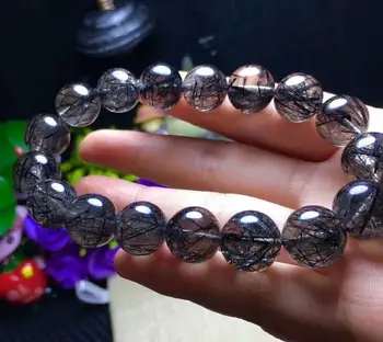 

FREE SHIPPING Natural Black Rutilated Quartz Crystal Beads Bracelet 11-12mm AAA