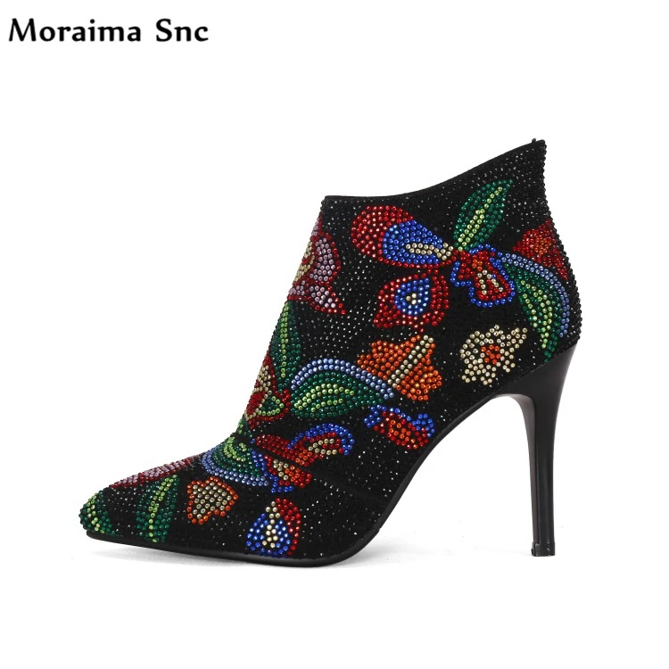 

Moraima Snc Ankle boots thin high heel platform crystal mixed colors pointed toe side zipper patchwork sexy women party shoes