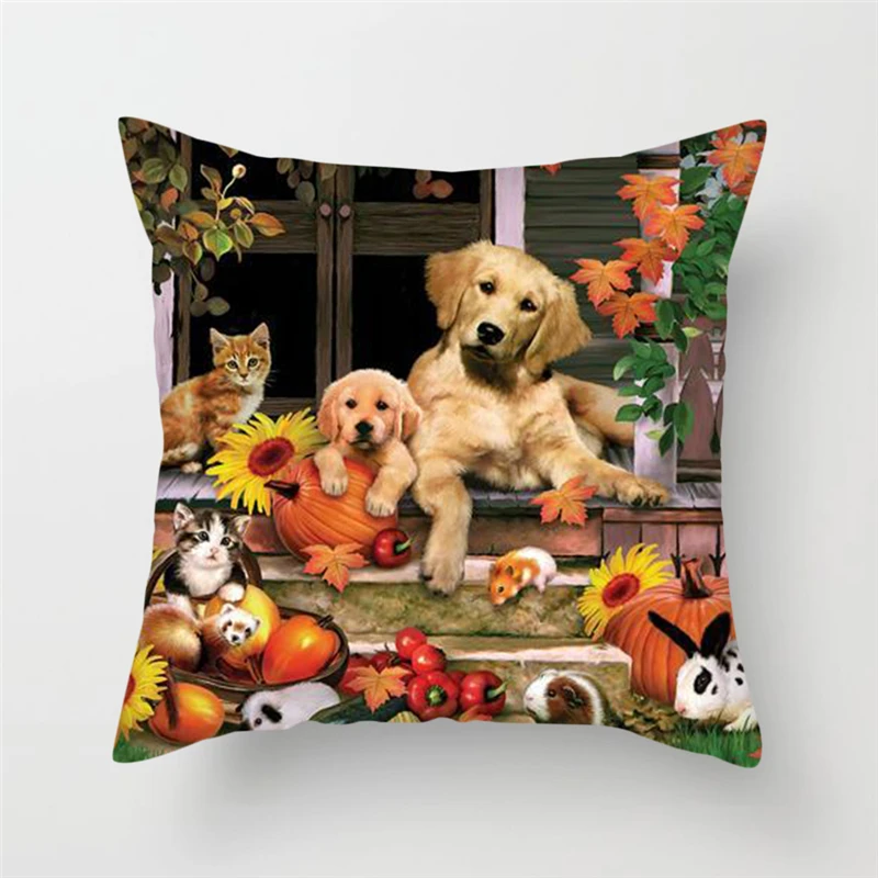 Fuwatacchi Cute Dogs Cushion Covers Dog Couple Pillow Covers for Home Sofa Decor Funny Flowers Manor Square Plush Pillowcases