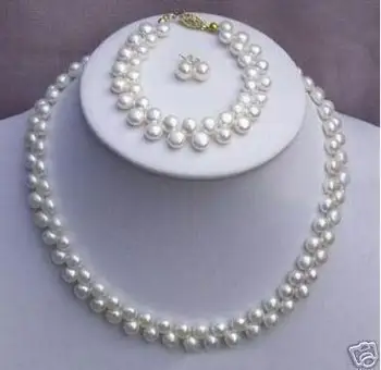 

( Necklace) SETS Beautiful women's jewelry Solid Gold 2 row 7-8MM white Akoya Cultured Pearl Necklace set