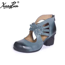 Xiangban 2018 Spring handmade women leather shoes rustic style rough heel women pumps shoes hollow breathable