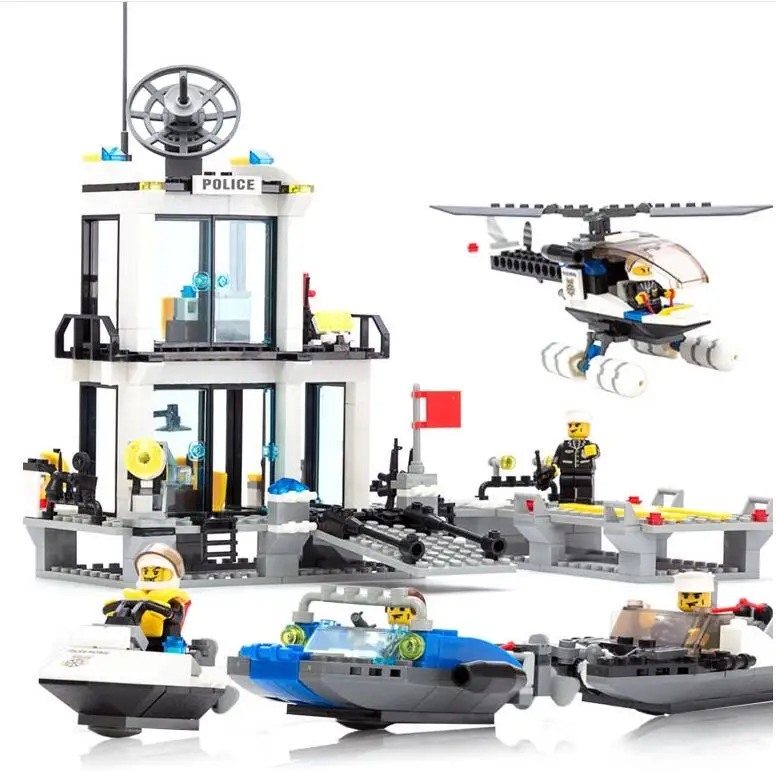 

536pcs DIY Maritime Police Station Blocks Montessori Educational Toy Minifigures Educational Legoes Toys Children Airplane Boat