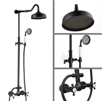

Wall Mounted Dual Cross Handles Black Oil Rubbed Bronze Bathroom Rain Shower Faucet Set 8" Inch Round Rain Shower Head mrs793