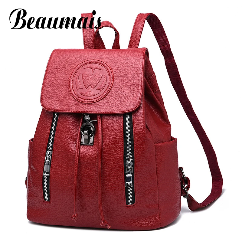 Beaumais Pu Leather Women Backpack Embossed School Backpacks For Teenager Girls String Leather Backpacks Girl School