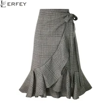 LERFEY клетчатый шарф с рюшами, юбка, женская винтажная Асимметричная Осенняя юбка, Женская юбка высокого пояса, повседневная юбка русалки с бантом