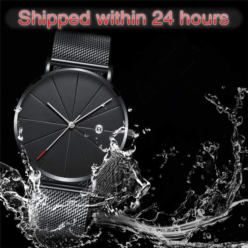 

2019 Top Brand Luxury Quartz Wristwatches Black Ultra Thin Watch Men Steel Mesh Calendar Waterproof Clock Male erkek kol saati