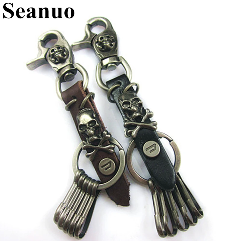 

Seanuo Vintage Genuine Leather Skull Skeleton Key Chain Keychains Men Punk Stainless Steel Heavy Car Key Ring Door Key Holers