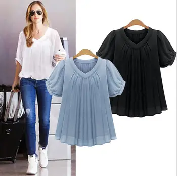 

Loose Large Size Tunic Chiffon Shirts Women 2017 Summer Fashion Short Sleeve V-Neck Chiffon Blouse Blusas Feminina Verao BF592