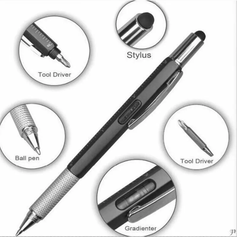 1PC 6 In 1 Touch Ballpoint Stylus Pen With Spirit Level Ruler Screwdriver Tool Office School Supplies Random Color