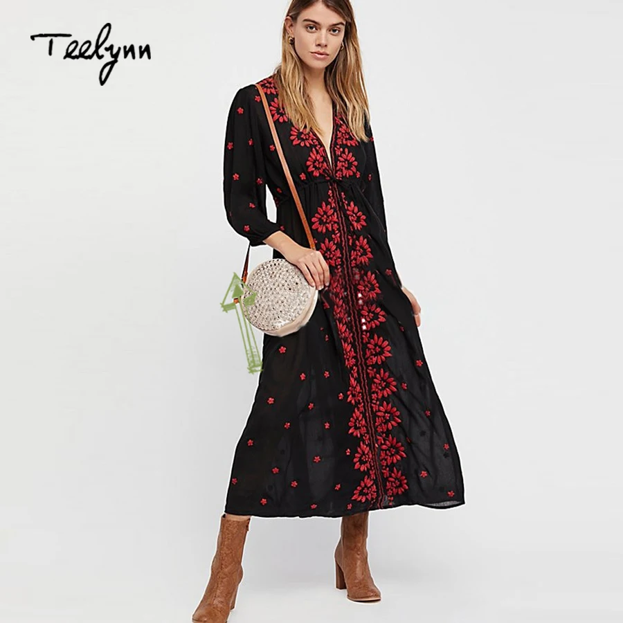 

TEELYNN Boho dress 2018 spring Vintage rayon floral Embroidery dress v-neck Casual long dresses hippie brand women dress vestido