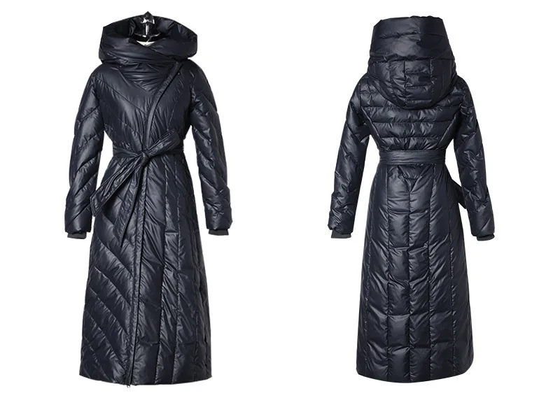 X-Long зимняя пуховая куртка женская гусиное перо пальто Европейская винтажная тонкая теплая зимняя одежда пуховая парка с поясом Okq024