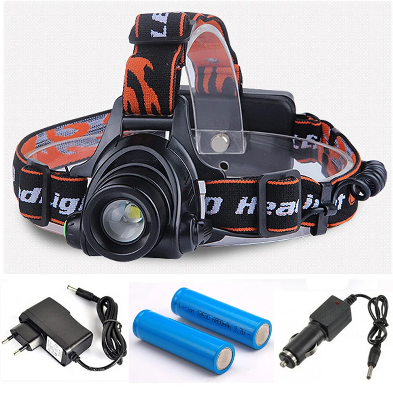 

8000Lumens Zoomable Headlight LED T6 Headlamp Waterproof Head Flash Light Lamp Torch+DC/Car Charger+18650 Battery