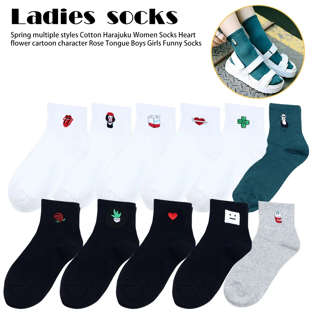 

Harajuku Cute Funny Socks Chaussette Femme White/Black Embroidery Socks Women Character Skarpetki Damskie Sokken