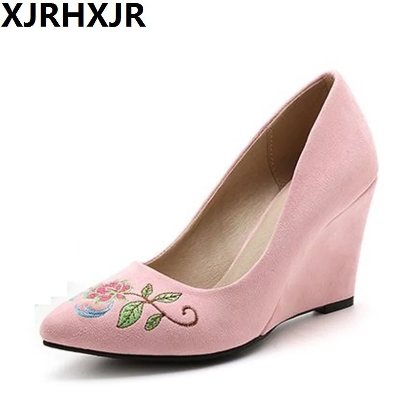 

XJRHXJR 2018 New Wedges Heels Four Seasons Single Shoes Embroidered Chinese and Western Style Bride Shoes Suede High Heels 32-48