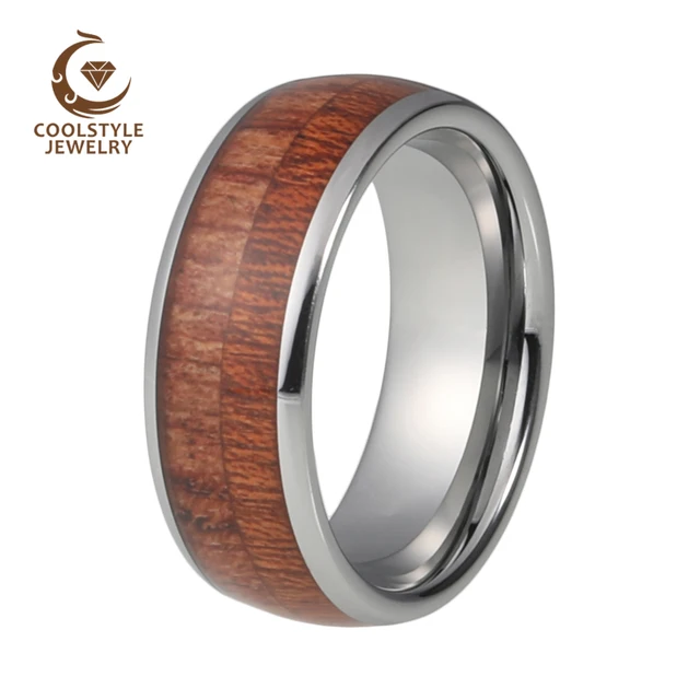 Wedding Band Ring Tungsten Carbide Real Koa Wood Inlay Domed Wedding Band Ring Tungsten Carbide Real Koa Wood Inlay Domed High Polished Comfort Fit 6mm