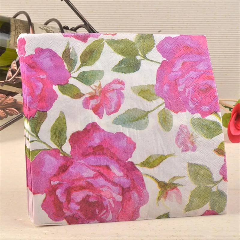 275 Serviettes De Table Papier De Soie Imprimé Fleur Rose Servilletas Decoupage Vintage Bleu Rouge Rose Violet Mariage Fête Danniversaire