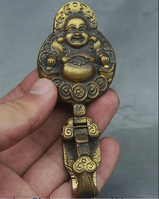 ZSR919+++11CM Old China Bronze Copper Buddhism Happy Maitreya Buddha Belt Buckle Statue | Дом и сад