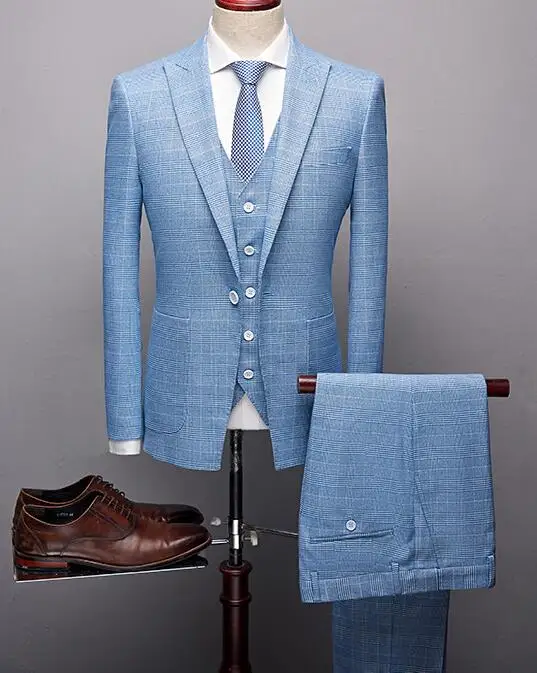 Fashion Blue Boutique High quality Mens Wedding suit Formal Suits 3 Pieces Wedding Groom Tuxedos Prom Slim Fit Light plaid suits Fashion Blue Boutique High quality Mens Wedding suit Formal Suits 3 Pieces Wedding Groom Tuxedos Prom Slim Fit Light plaid suits