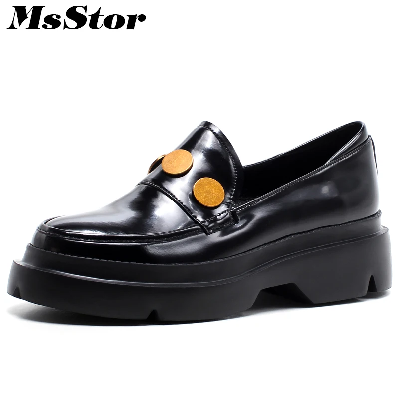

MsStor Round Toe Slip On Women Shoes Casual Fashion Metal Decoration Women Leather Shoes Spring Solid Women Flats Black Shoes