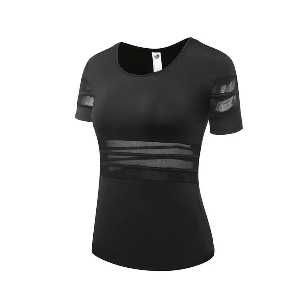 Впитывающая влагу полосатая сетчатая Спортивная футболка Женская Бег Йога активная тренировка прозрачная бесшовная футболка с коротким рукавом Футболка - Цвет: Black