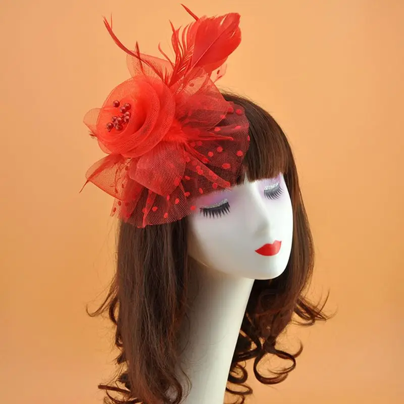 Женская свадебная сетчатая шляпа с вуалью, одноцветная шапка с большим цветком из искусственного жемчуга, расшитая бисером, заколка для волос с перьями, реквизит с волнистыми точками, 13 цветов