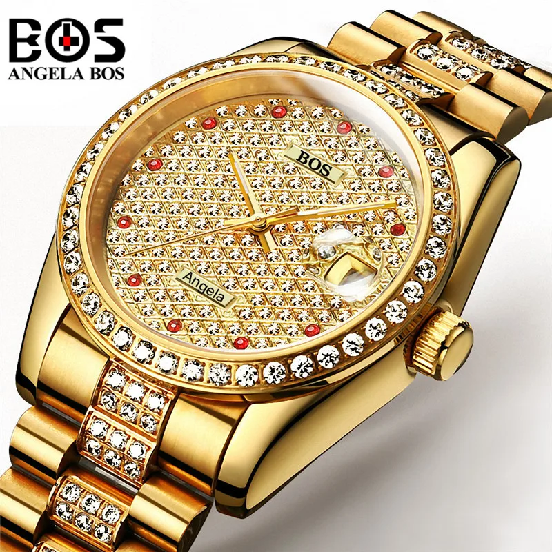 Relogio Masculino ANGELA BOS Brand Luxury Watch Men Waterproof Gold Silver Diamond Automatic Mechanical Wrist Watch Montre Homme