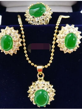 

Hot sale@> Miss charm Jew.348 Green Jade 18KGP Crystal Pendant Necklace Earrings Ring Set Natural jewelry