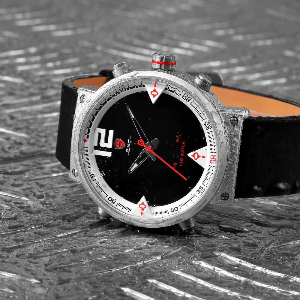 Bluegray Carpet Shark спортивные часы черные мужские кварцевые цифровые аналоговые светодиодный Будильник с датой черные кожаные часы Relogio Masculino/SH549