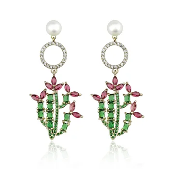 

LCEOL Luxurious Top Quality Gold Color Gorgeous Asymmetric Drop Earrings Cute Green Cactus Pendant Earrings For Women Jewelry