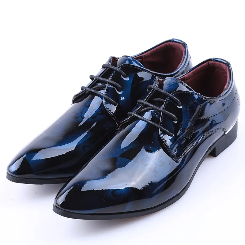 

Bright Leather Men Dress Shoes Brand Fashion Groom Wedding Shoes Flowers Print Pointed Toe Lace Up Men Business Shoes HH-625