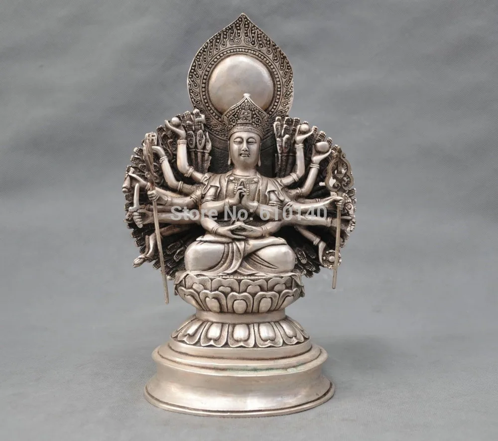 

10'' China Tibet Silver Bronze Buddhism Earth Store Buddha Bronze Statue