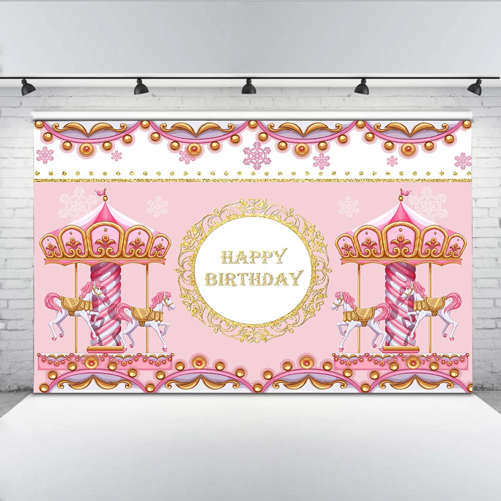 

Pink Theme Photo Background Happy Birthday Banner Backdrop for Princess Party Decoration Carousel Playground