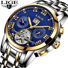 LIGE Marca de Luxo Homens Relógio Mecânico Full-automatic Tourbillon Aço Inoxidável Homem de Negócios Calendário Relógios relogio masculino
