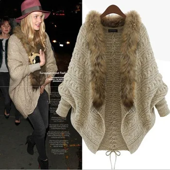 

New Autumn Winter Women Vintage Fur Collar Loose Neck Batwing Sleeve Knit Coat Cardigan Sweater Cloak Outwear