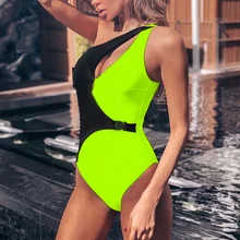 Неоновый зеленый сексуальный цельный купальный костюм с одним плечом Женская Пряжка для купания женский купальный костюм для купания