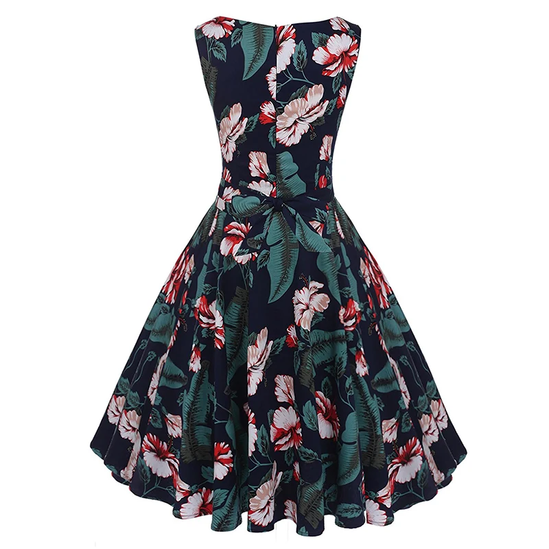 Kostlich Floral Print Summer Dress Women 2018 Sleeveless Tunic 50s Vintage Dress Belt Elegant Rockabilly Party Dresses Sundress (3)