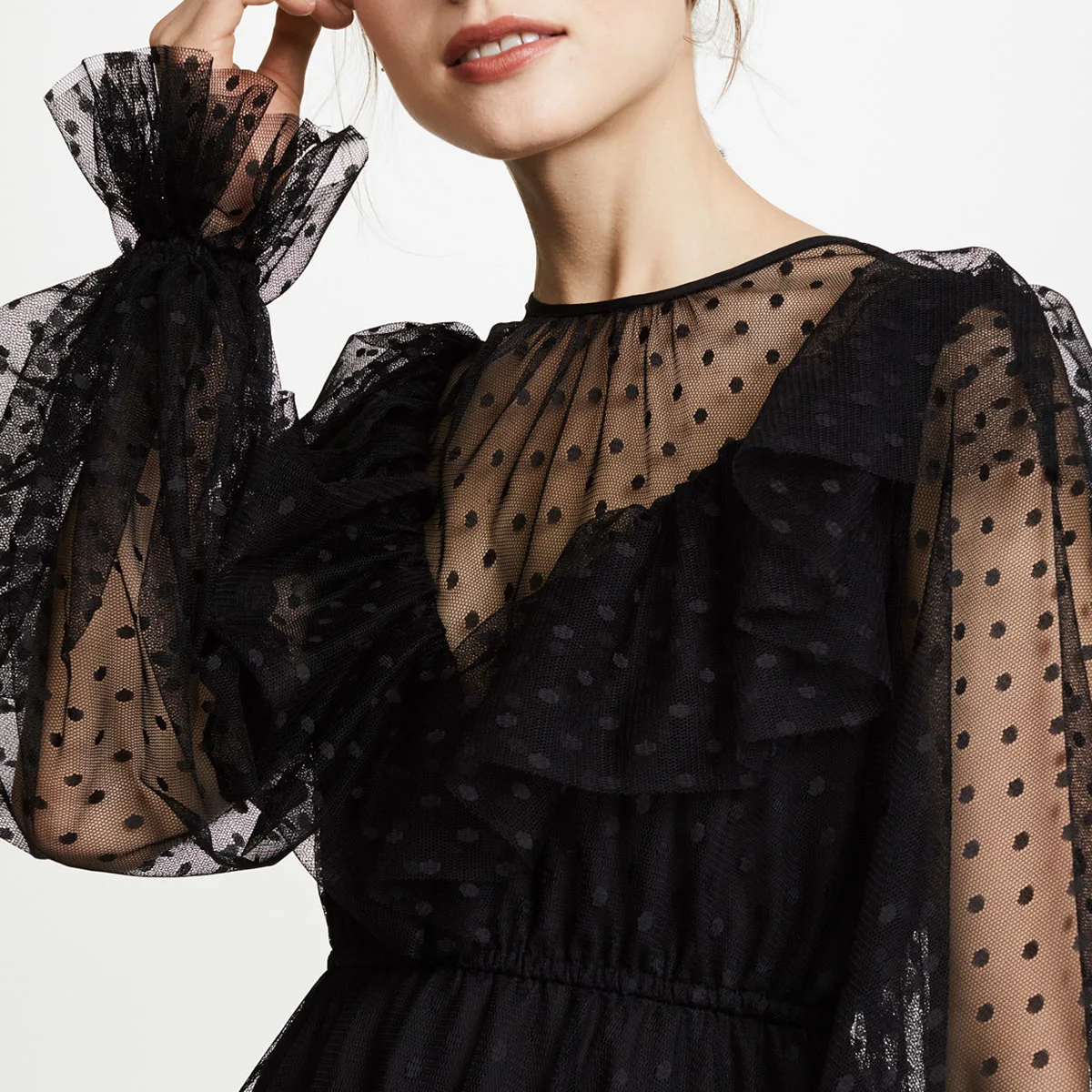 Женское кружевное платье JOYINPARTY черное Сетчатое в горошек с оборками комплект из