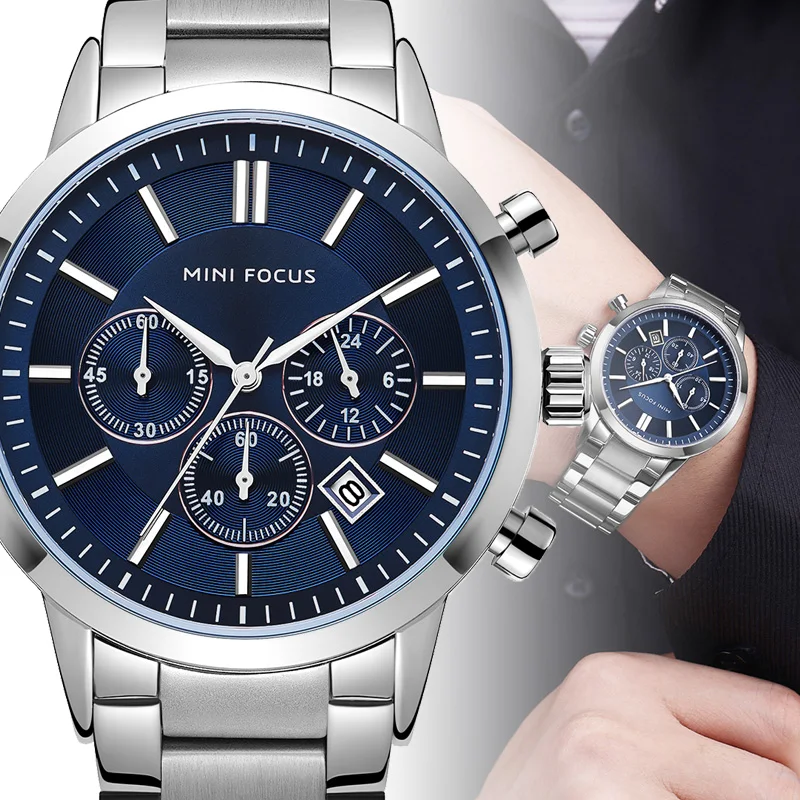 

2019 Blue Dial Quartz Watches Men Luxury Brand Stopwatch Date Luminous Hands 30M Waterproof Male Watch Silver Wristwatches wach