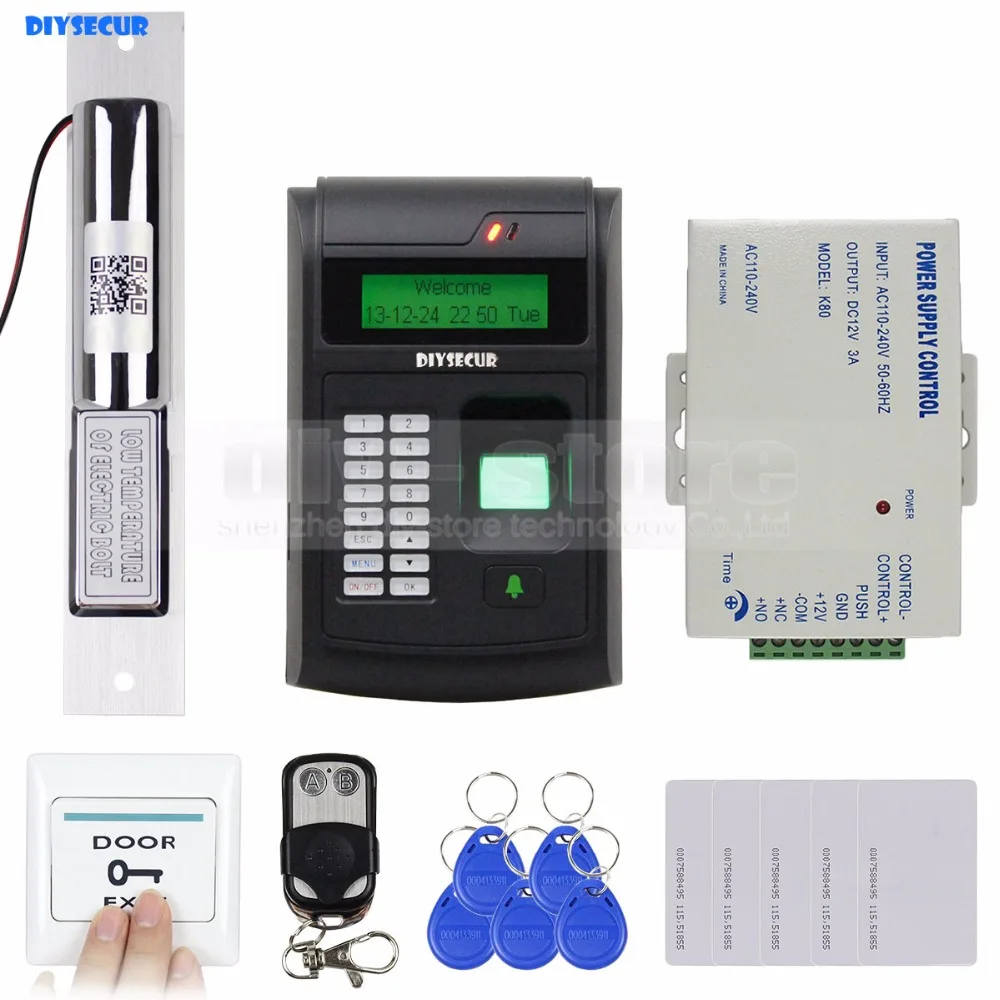 

DIYSECUR Remote Control 125KHz RFID LCD Fingerprint Keypad ID Card Reader Access Control System Kit + Electric Bolt Lock 208I-S