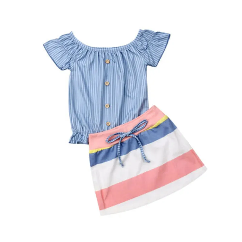 

Casual Infant Kids Baby Girls Button Tops + Color Stripe Skirt Square Collar Bow-Knot Lovely Outfits Clothes 2-6years old