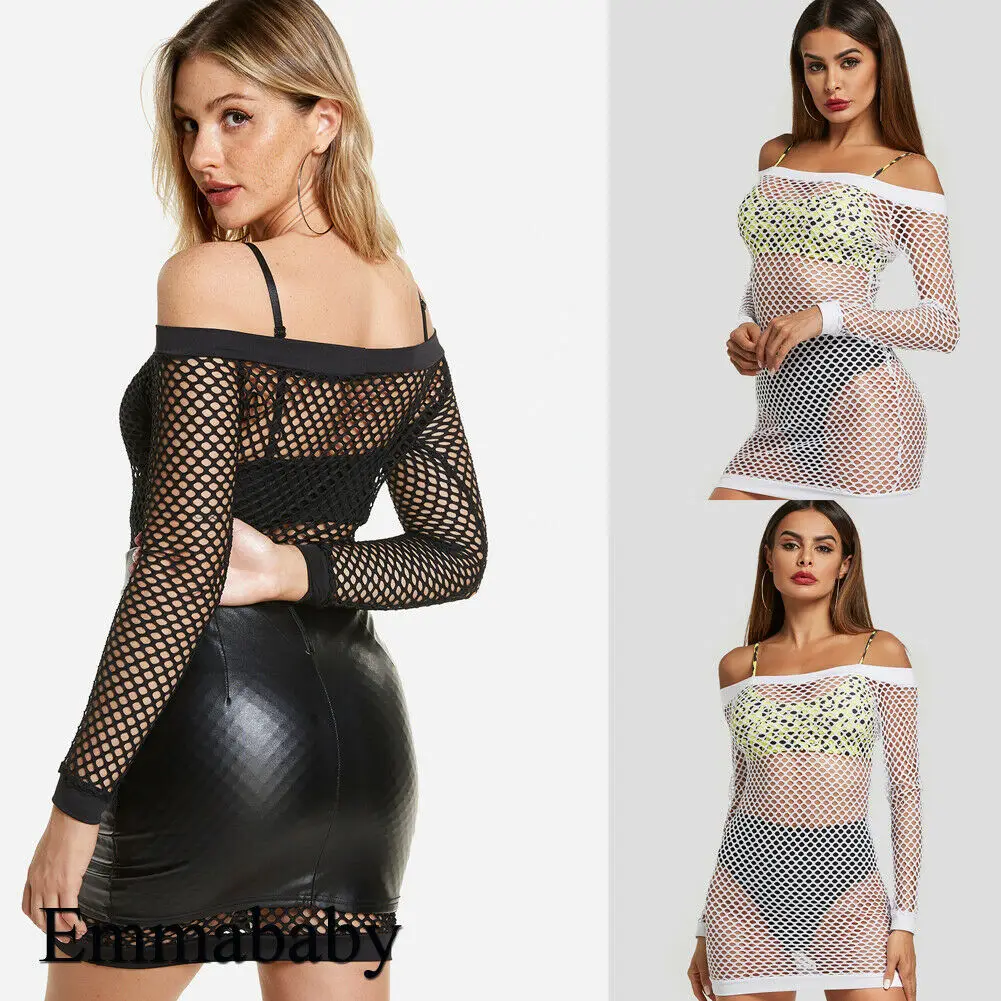 

Sexy Mesh Hollow Transparent Dress Women Crochet Long Sleeve Swimwear Beach Dress Bikini Cover Up Party Club Short Dresses