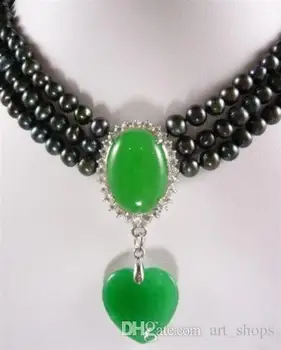 

3 rows 6-7mm black Akoya Cultured Pearl / green jades pendant necklace>>> free shipping