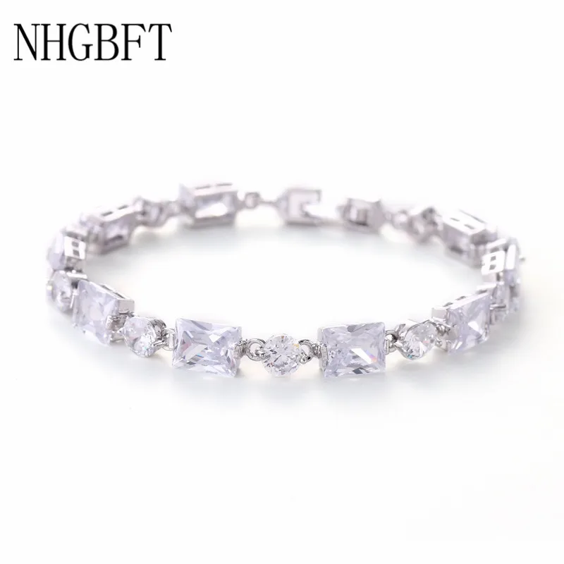 NHGBFT Новые квадратные и круглые браслеты с кубическим цирконием для женщин, очаровательные женские браслеты с фианитами и кристаллами, свадебные ювелирные изделия для невесты