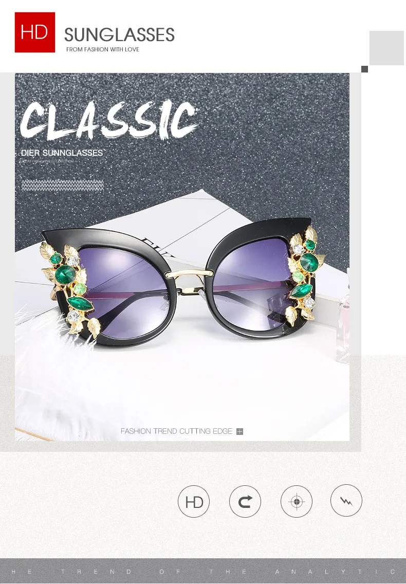 Новинка, модные женские солнцезащитные очки в стиле барокко с листьями, Ретро стиль, брендовые сексуальные солнцезащитные очки с драгоценными камнями, летние пляжные очки zonnebril dames sol