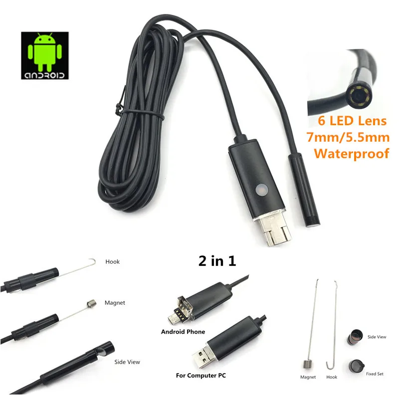 Водонепроницаемый usb-кабель 5,5 мм, 7 мм, 1 м, 2 м, 5 м, 10 м, 6 светодиодный эндоскоп для Android 1/9 CMOS, мини USB эндоскоп, камера для осмотра, бороскоп