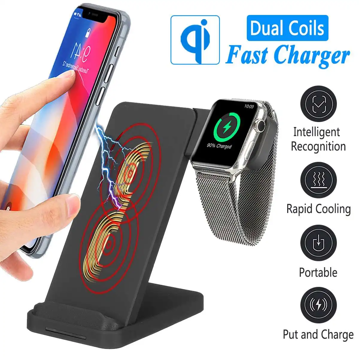 

2 in 1 10W Qi Wireless Charger For Apple Watch 4 3 2 for iPhone XR Xs Max for Samsung S9 QC3.0 USB Fast Wireless Charging Holder