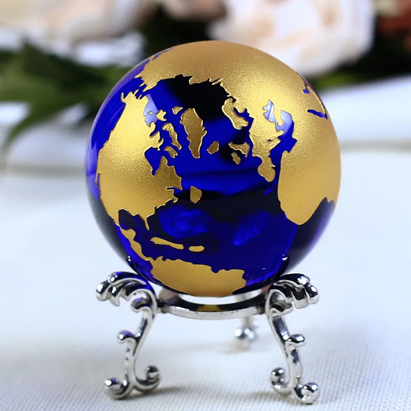 6 см синий золотой кристалл земля модель фэн шуй стекло Глобус хрустальный шар Сфера украшения Статуэтка украшение дома аксессуары Подарки