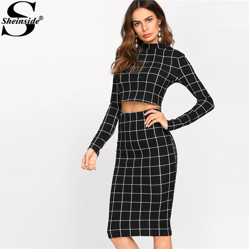  Sheinside Stand Collar Long Sleeve 2 Piece Set Women Crop Grid Top and Pencil Skirt Ladies Elegant 