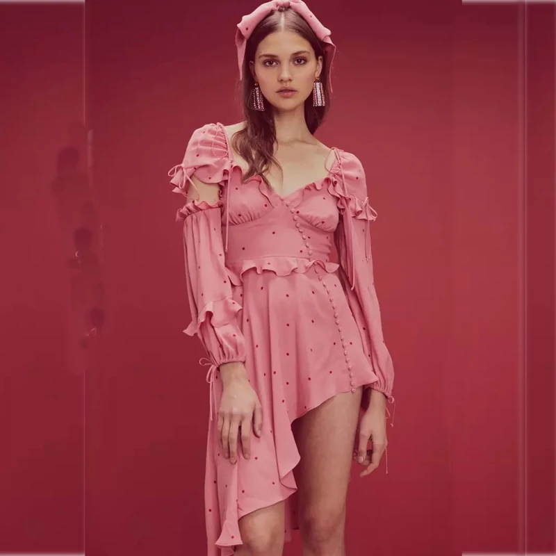 

High Quality 2019 Spring Designer Deep V-Neck Dot Print Backless Off Shoulder Tie Irregular Sexy Woman Mini Dress Party Vestidos